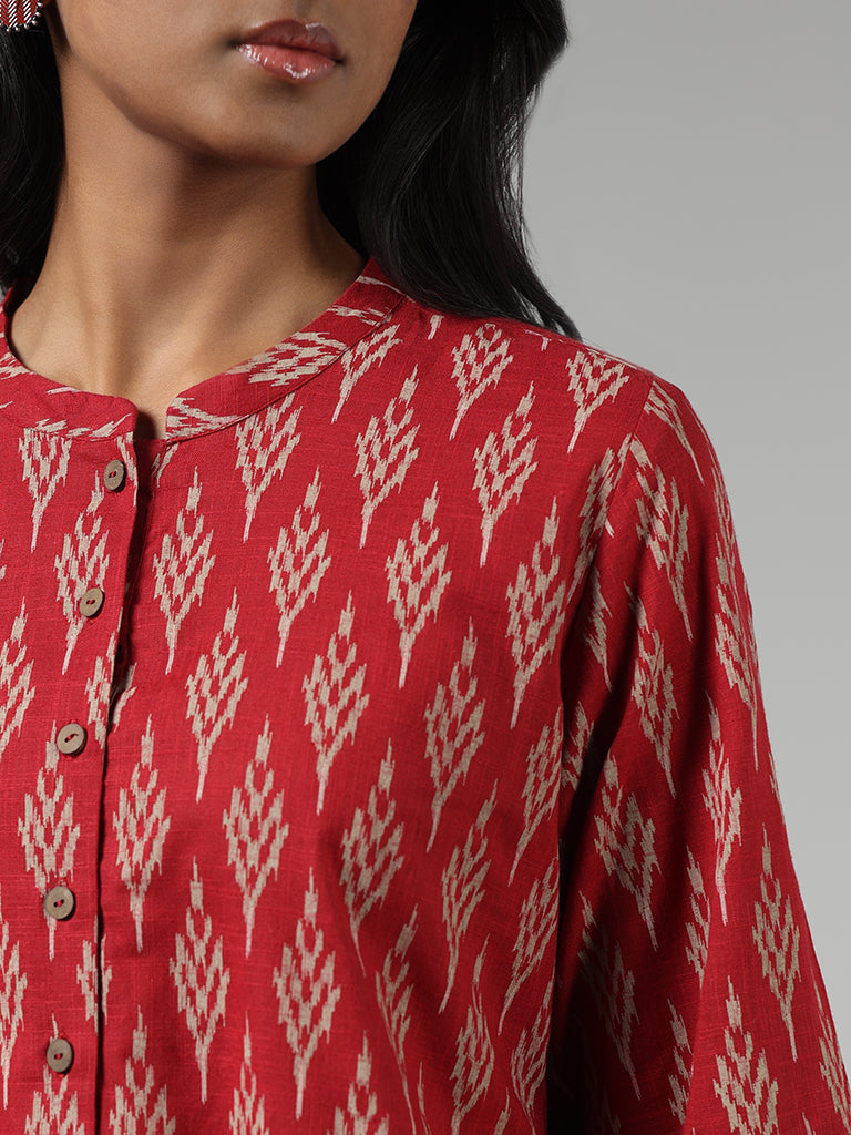 Utsa Red Ikkat Printed Cotton Kurti