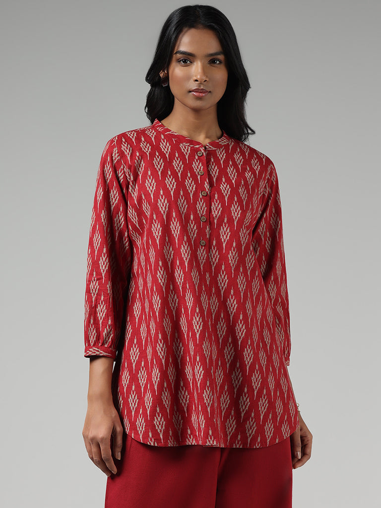 Utsa Red Ikkat Printed Cotton Kurti