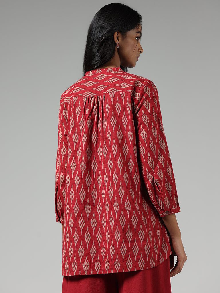 Utsa Red Ikkat Printed Cotton Kurti