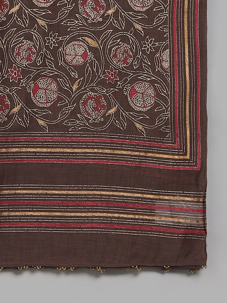 Zuba Brown Nature Printed Cotton Blend Stole