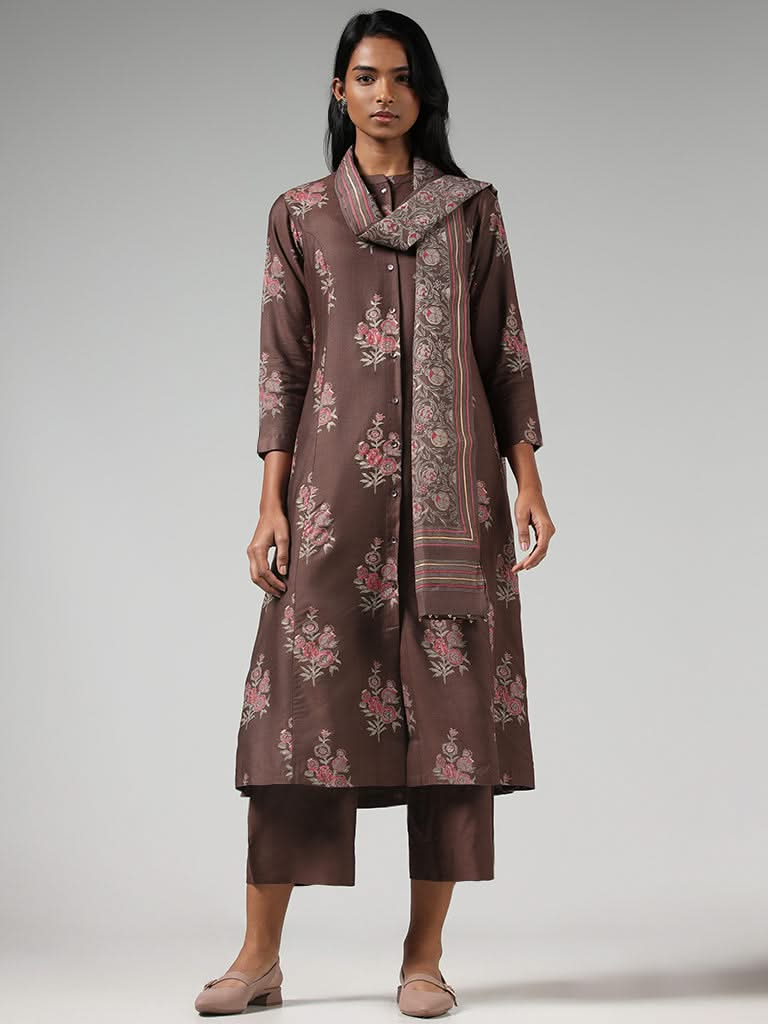 Zuba Brown Floral Printed Buttondown Kurta