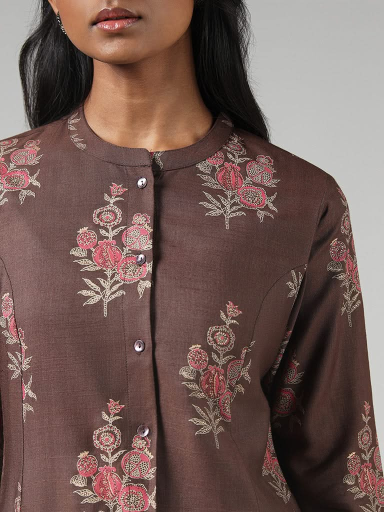 Zuba Brown Floral Printed Buttondown Kurta