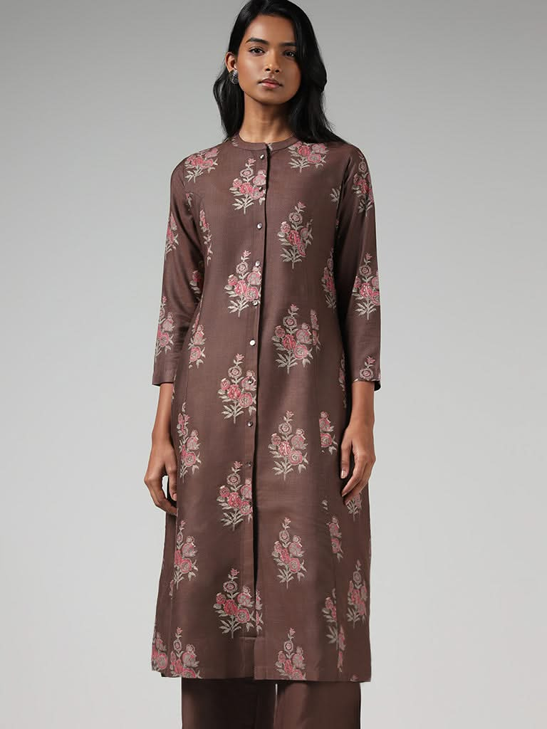 Zuba Brown Floral Printed Buttondown Kurta