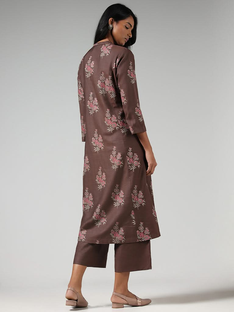 Zuba Brown Floral Printed Buttondown Kurta