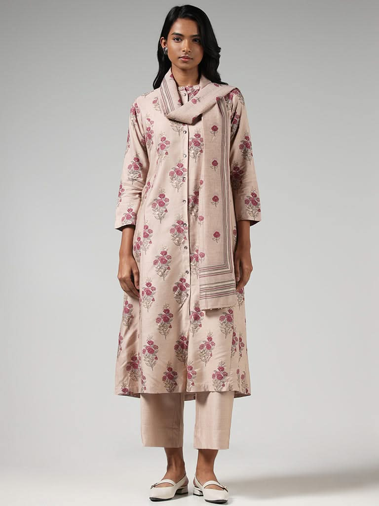 Zuba Nude Brown Floral Printed Button-down Kurta