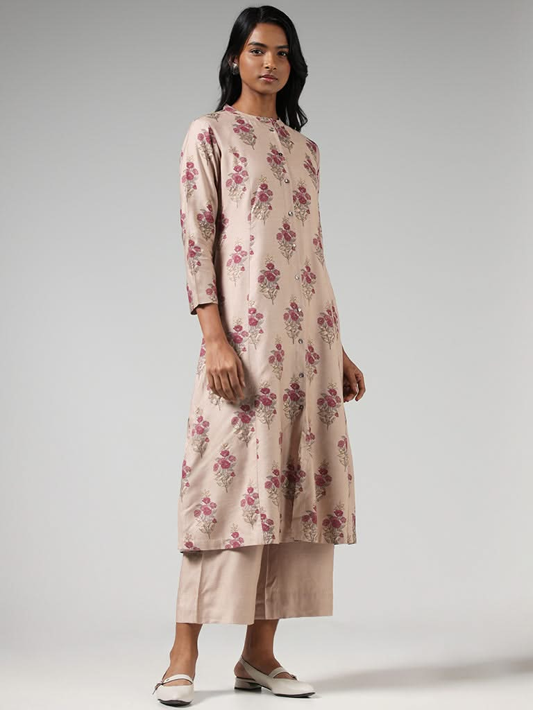 Zuba Nude Brown Floral Printed Button-down Kurta