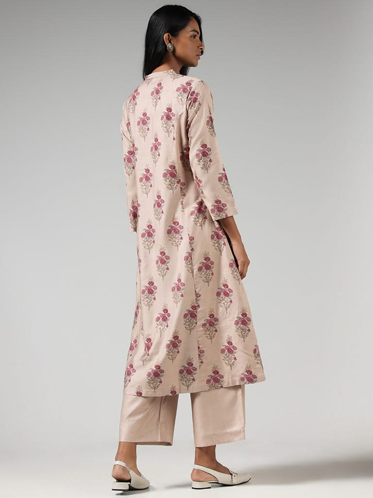 Zuba Nude Brown Floral Printed Button-down Kurta