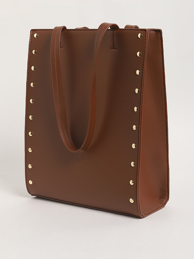 LOV Studded Chocolate Brown Tote Bag