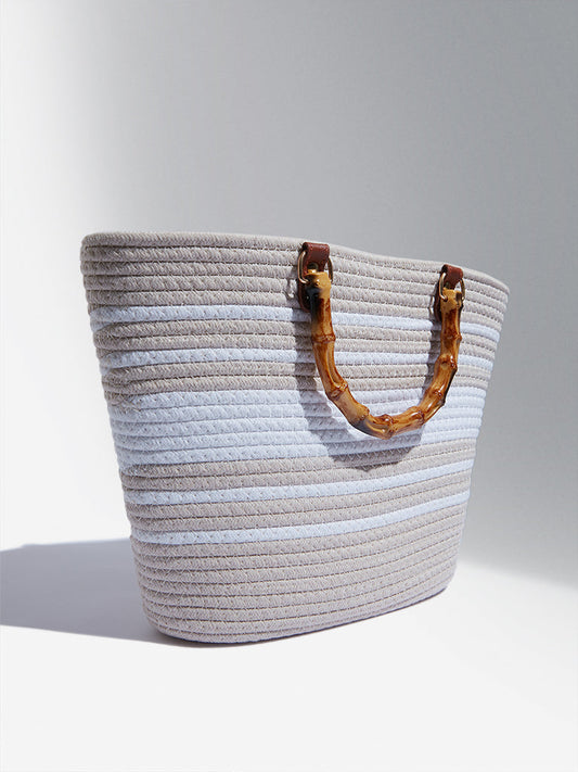 LOV White & Beige Woven Textured Hand Bag