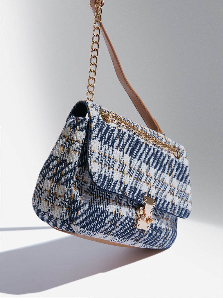 LOV Navy Knitted Checkered Sling Bag