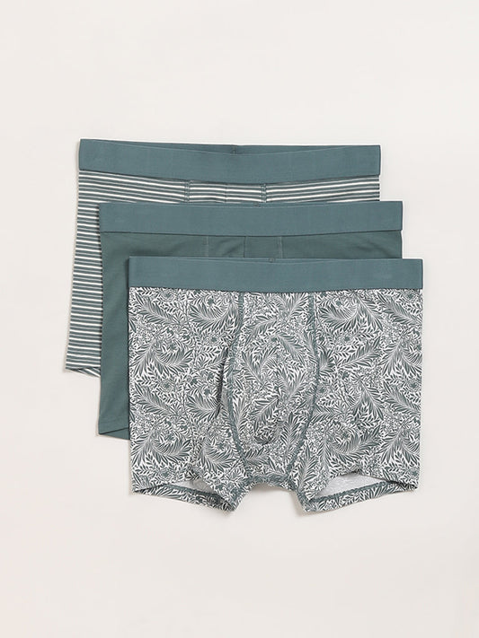 WES Lounge Teal Printed Cotton Trunks - Pack of 3