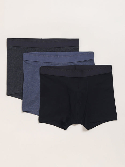 WES Lounge Plain Blue Cotton Trunks - Pack of 3