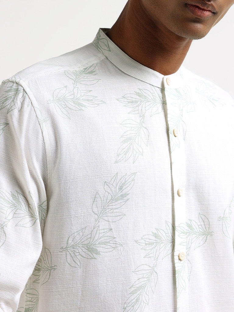 ETA Off White Leaf Printed Cotton Resort Fit Shirt