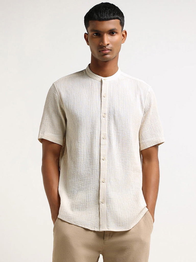 ETA Beige Crinkled Resort Fit Blended Linen Shirt