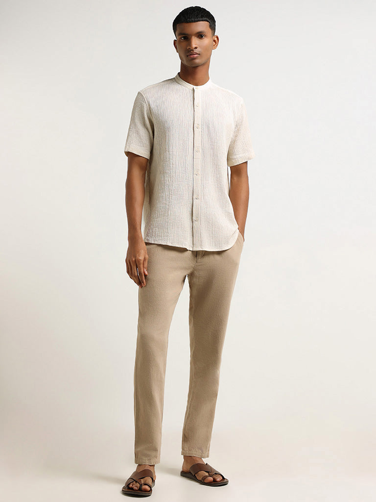 ETA Beige Crinkled Resort Fit Blended Linen Shirt