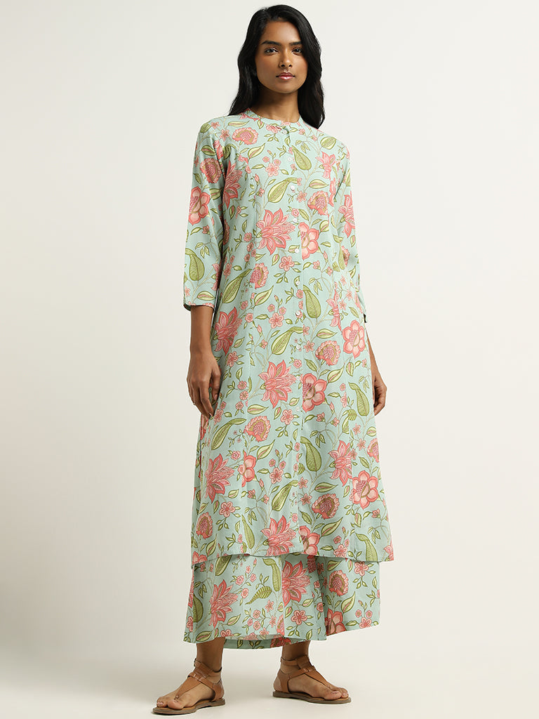 Utsa Blue Floral Printed Kurta