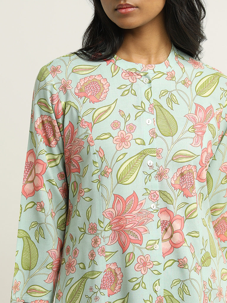 Utsa Blue Floral Printed Kurta