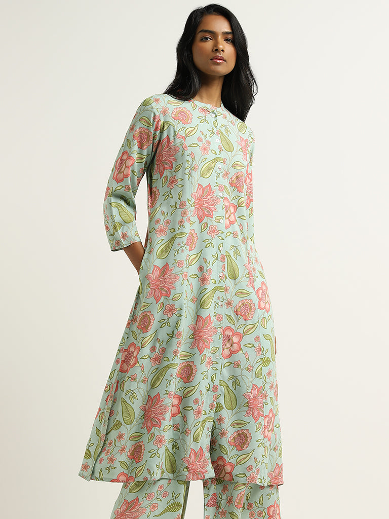 Utsa Blue Floral Printed Kurta