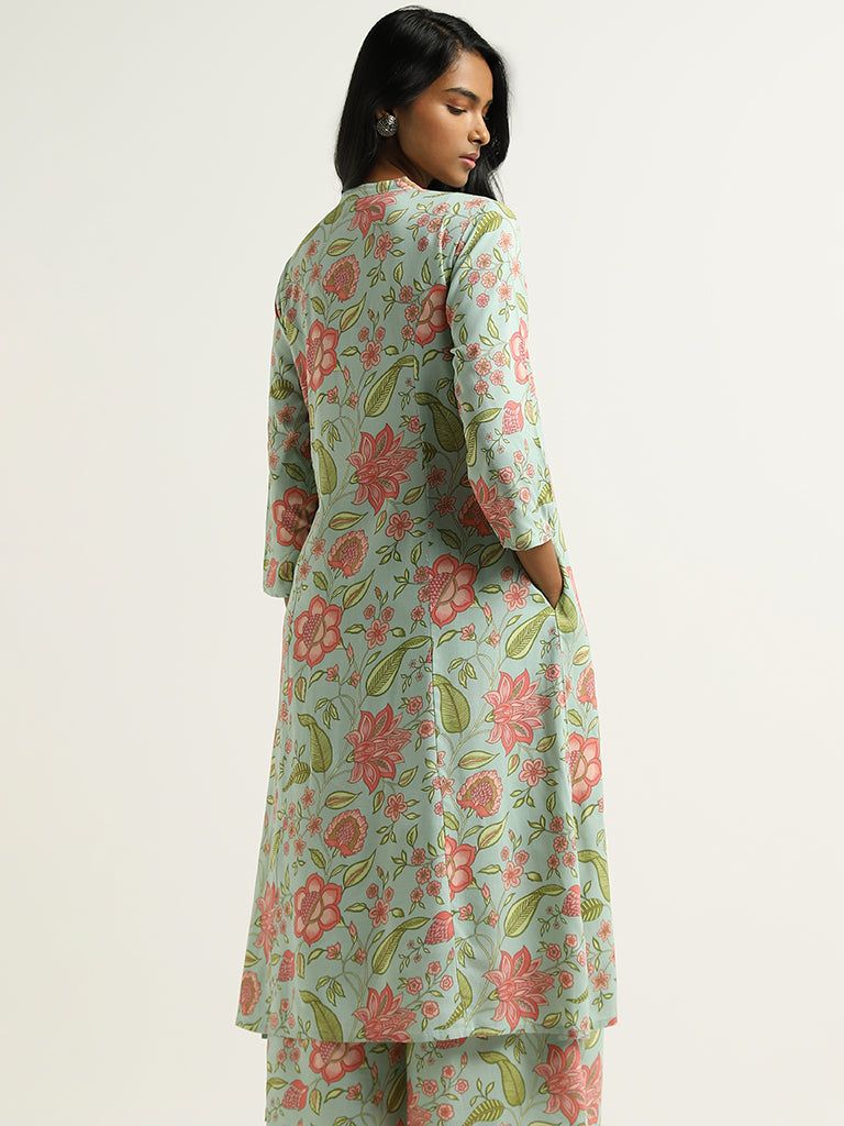 Utsa Blue Floral Printed Kurta