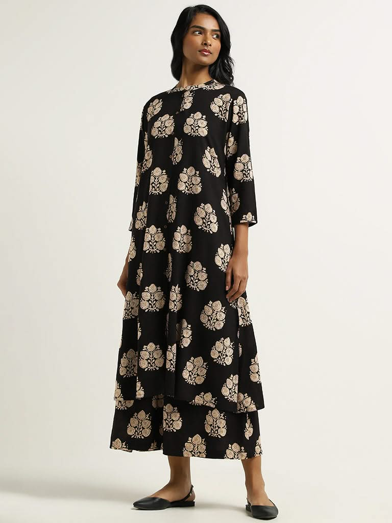 Utsa Black Block Print Kurta