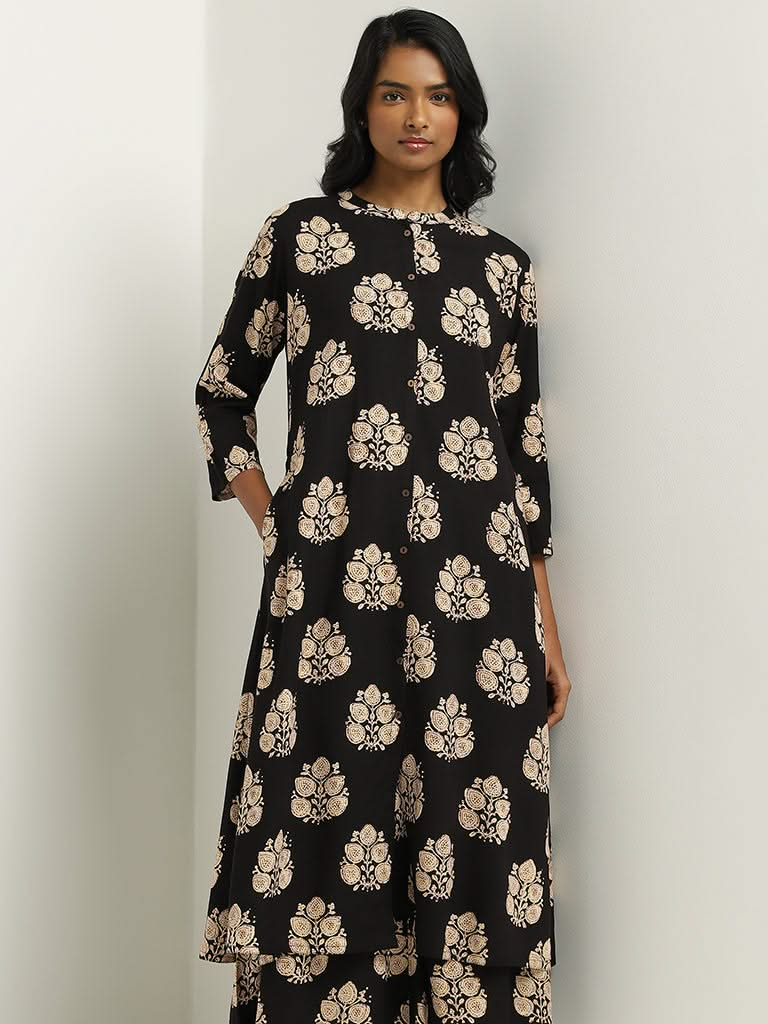 Utsa Black Block Print Kurta