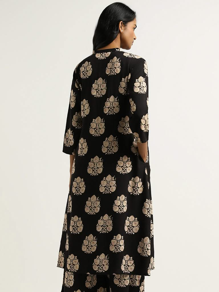 Utsa Black Block Print Kurta