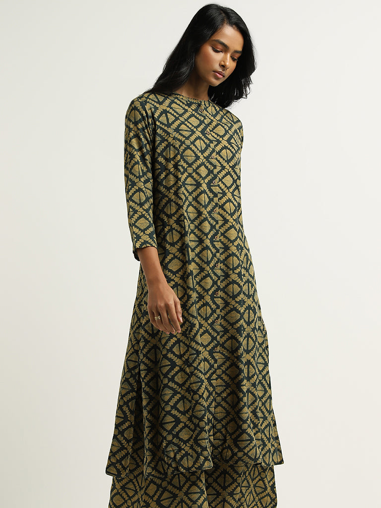 Utsa Green Printed Buttondown Kurta