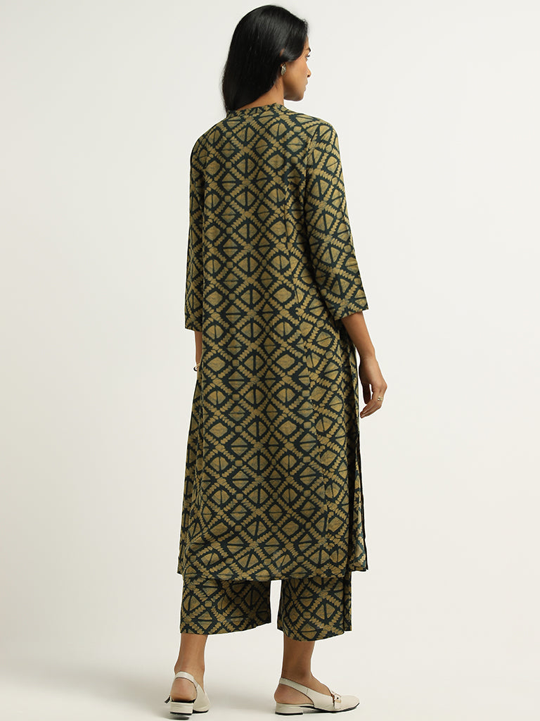 Utsa Green Printed Buttondown Kurta