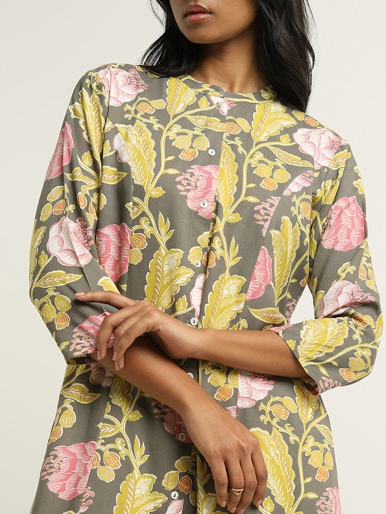 Utsa Grey Floral Printed Kurta