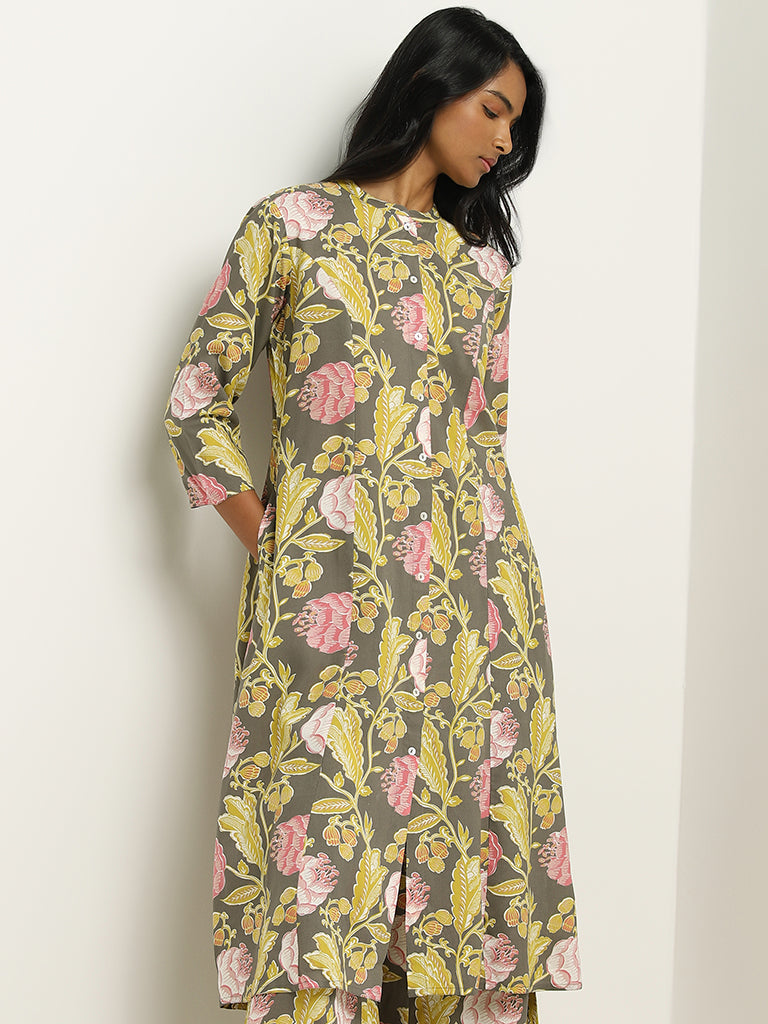 Utsa Grey Floral Printed Kurta