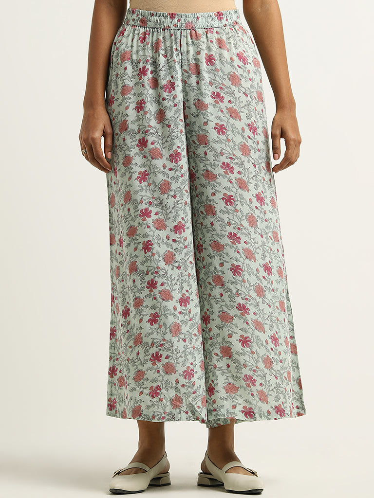 Zuba Teal Floral Printed Palazzos