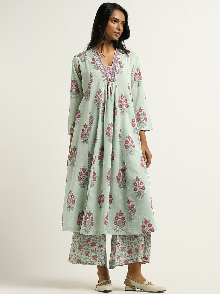 Zuba Teal Floral Printed Palazzos