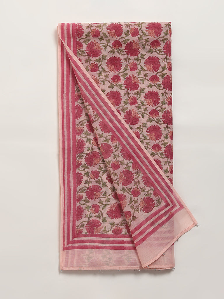 Zuba Pink Floral Printed Cotton Blend Stole