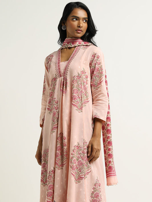 Zuba Pink Floral Printed Cotton Blend Stole