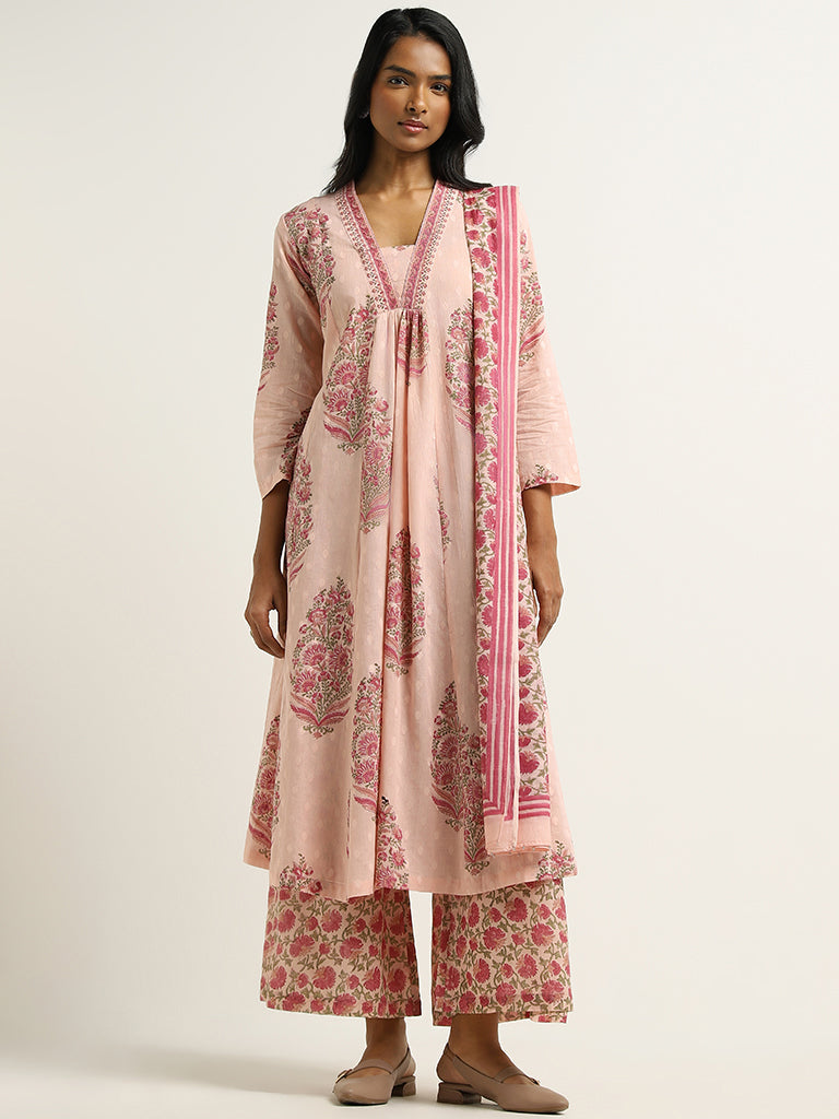 Zuba Pink Floral Printed Cotton Blend Stole