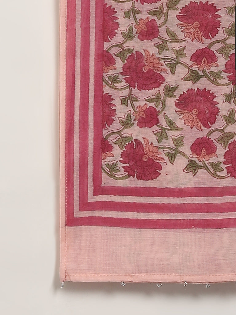 Zuba Pink Floral Printed Cotton Blend Stole