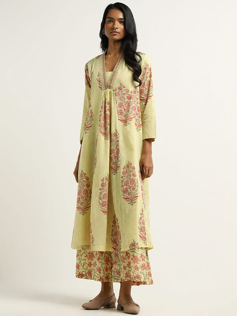 Zuba Lime Floral Printed Cotton Kurta