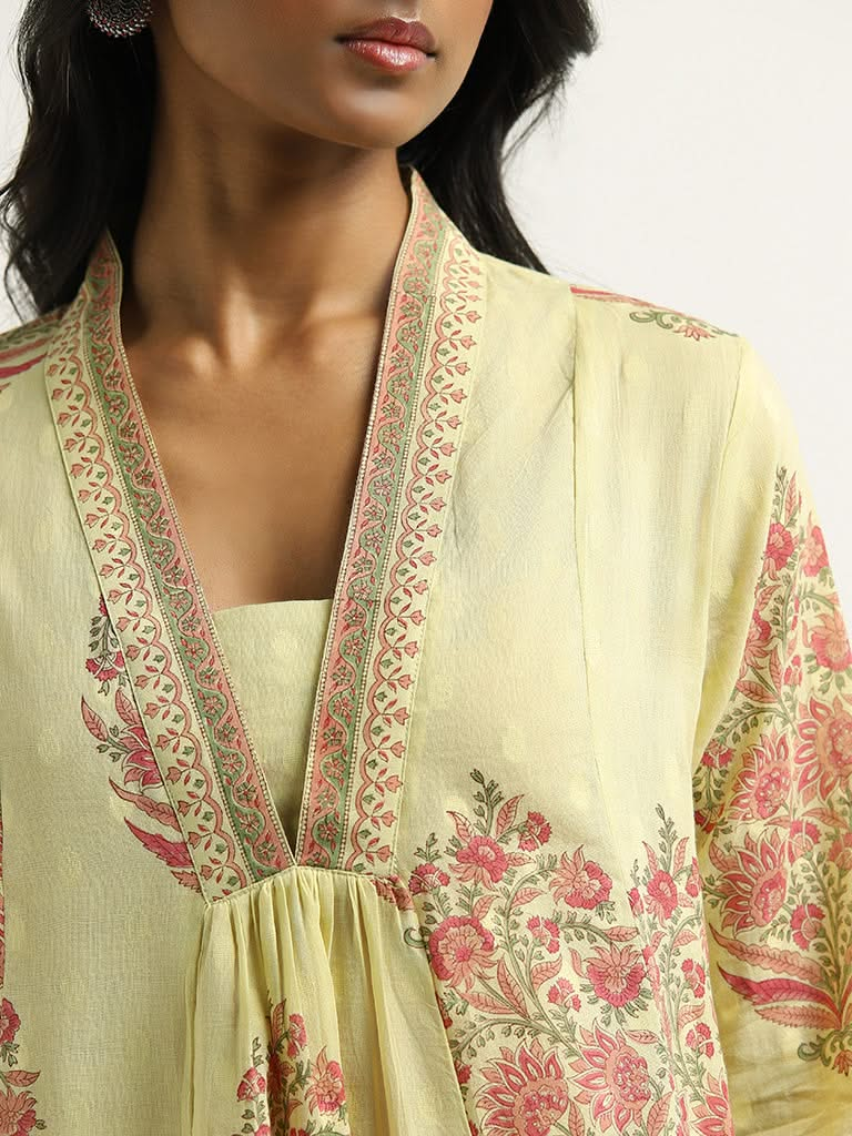 Zuba Lime Floral Printed Cotton Kurta