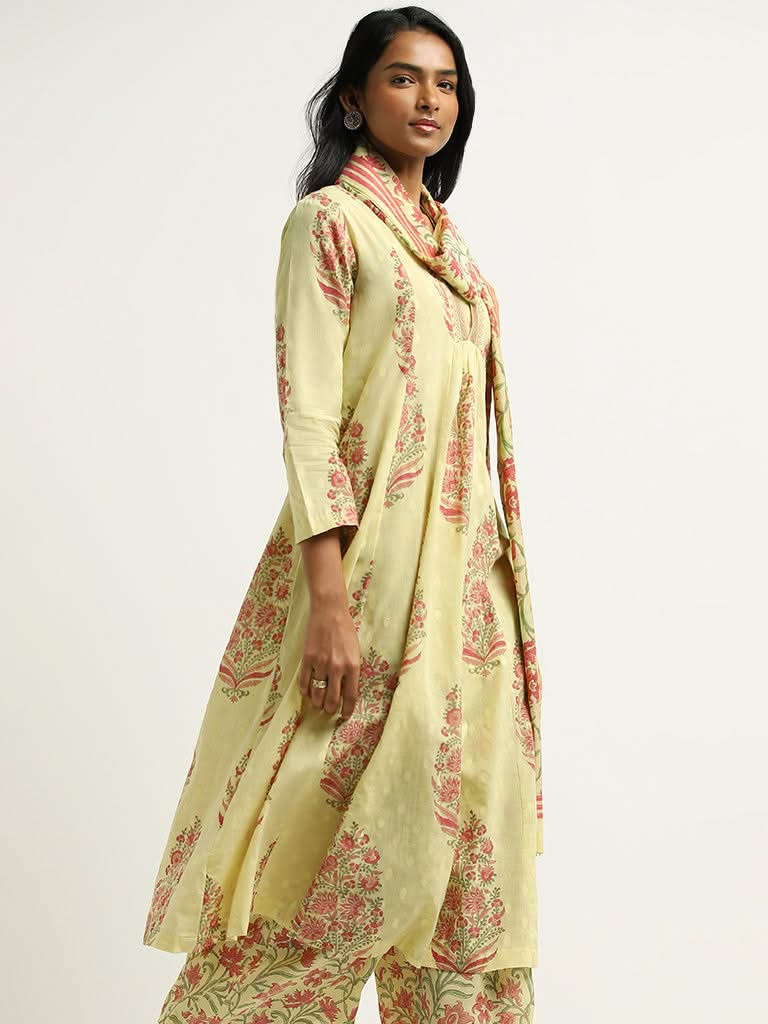 Zuba Lime Floral Printed Cotton Kurta