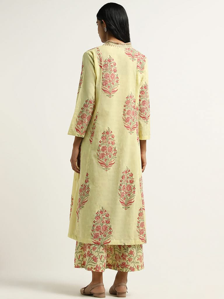 Zuba Lime Floral Printed Cotton Kurta