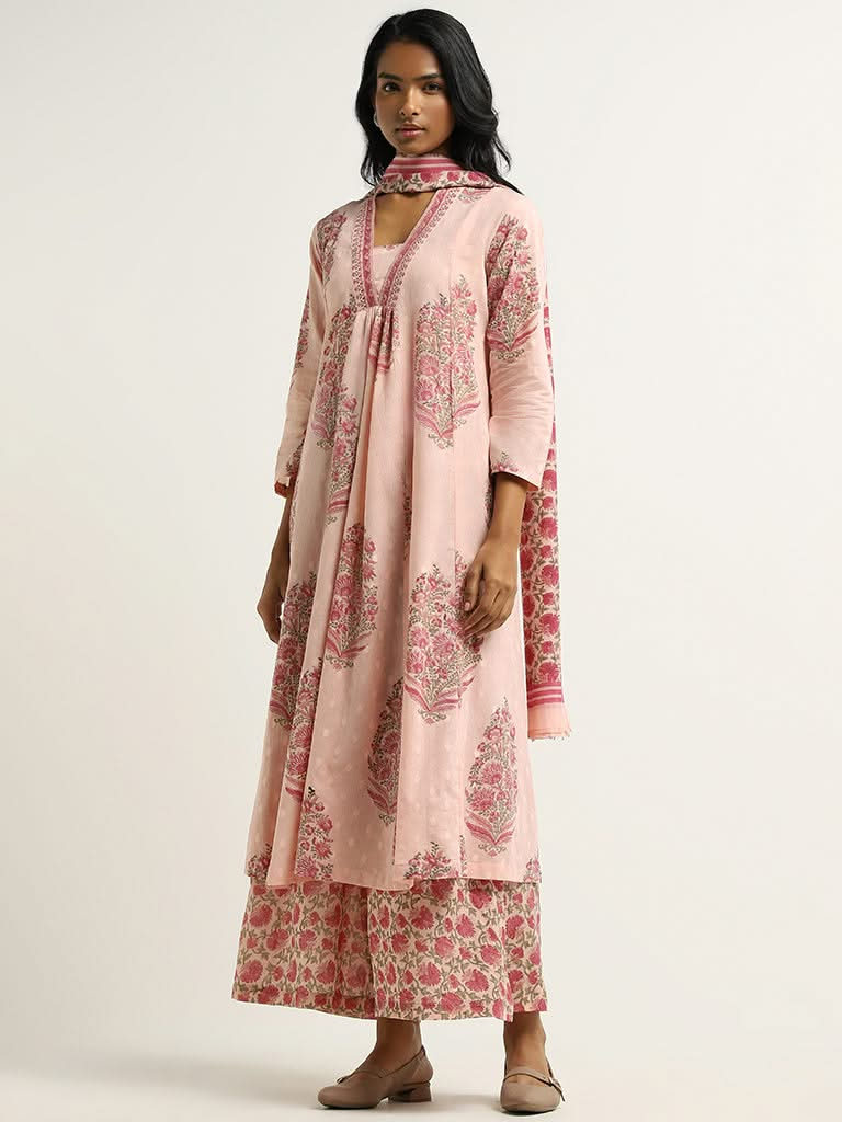 Zuba Pink Floral Printed Cotton Kurta