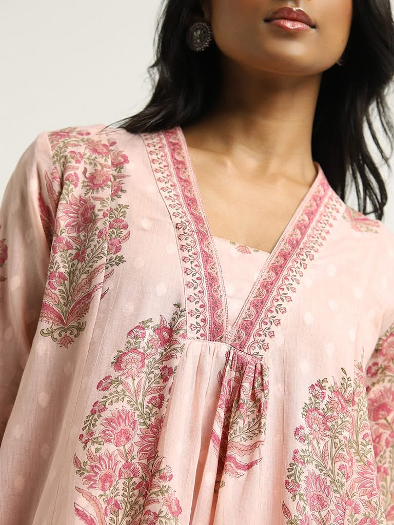 Zuba Pink Floral Printed Cotton Kurta