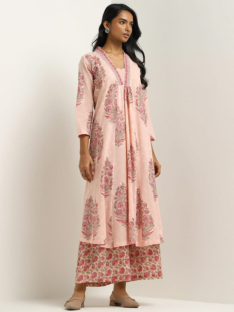 Zuba Pink Floral Printed Cotton Kurta