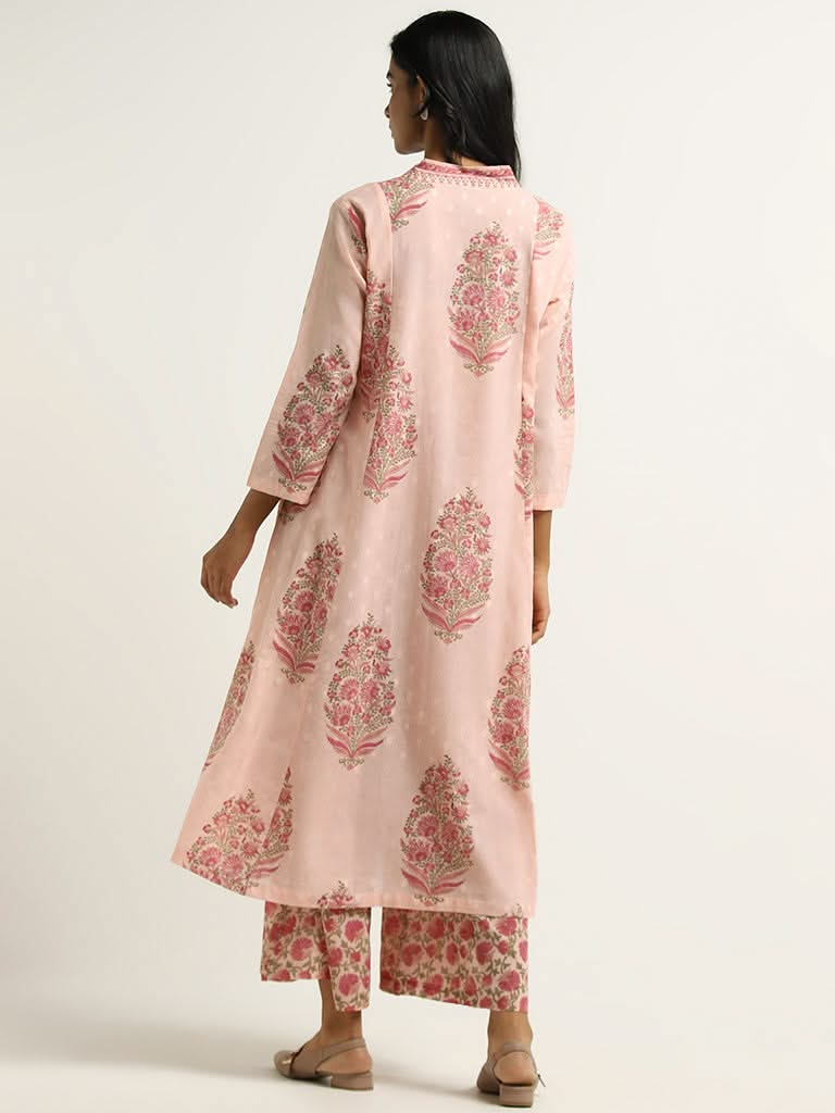 Zuba Pink Floral Printed Cotton Kurta