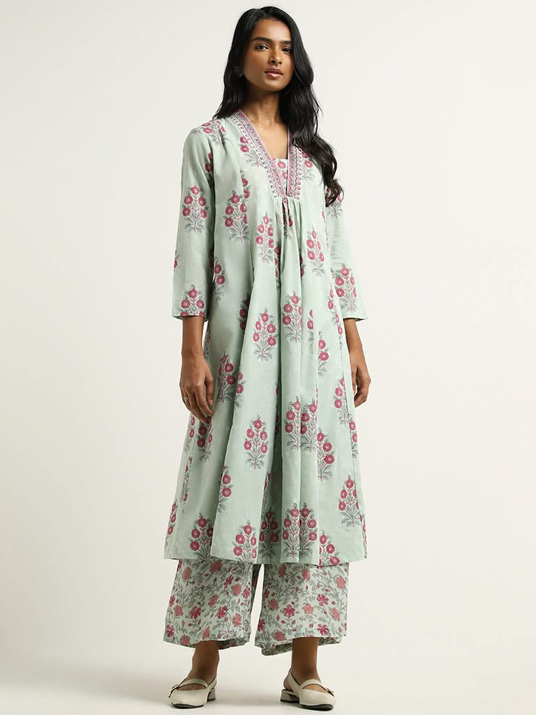 Zuba Teal Floral Printed Cotton Kurta