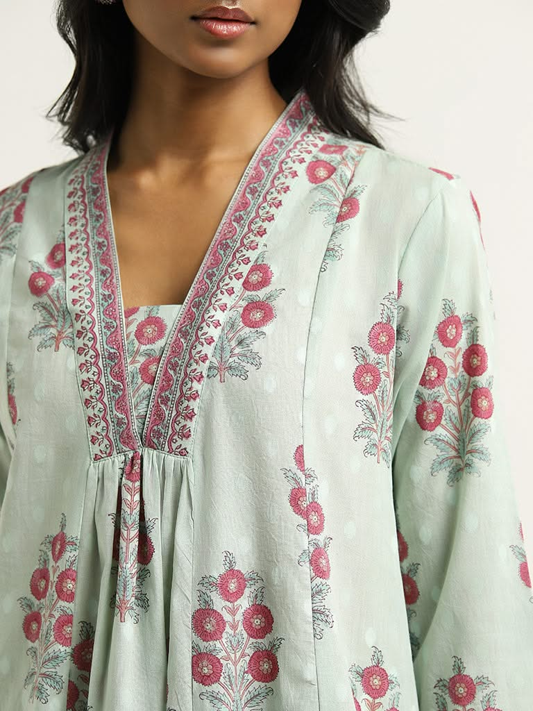 Zuba Teal Floral Printed Cotton Kurta