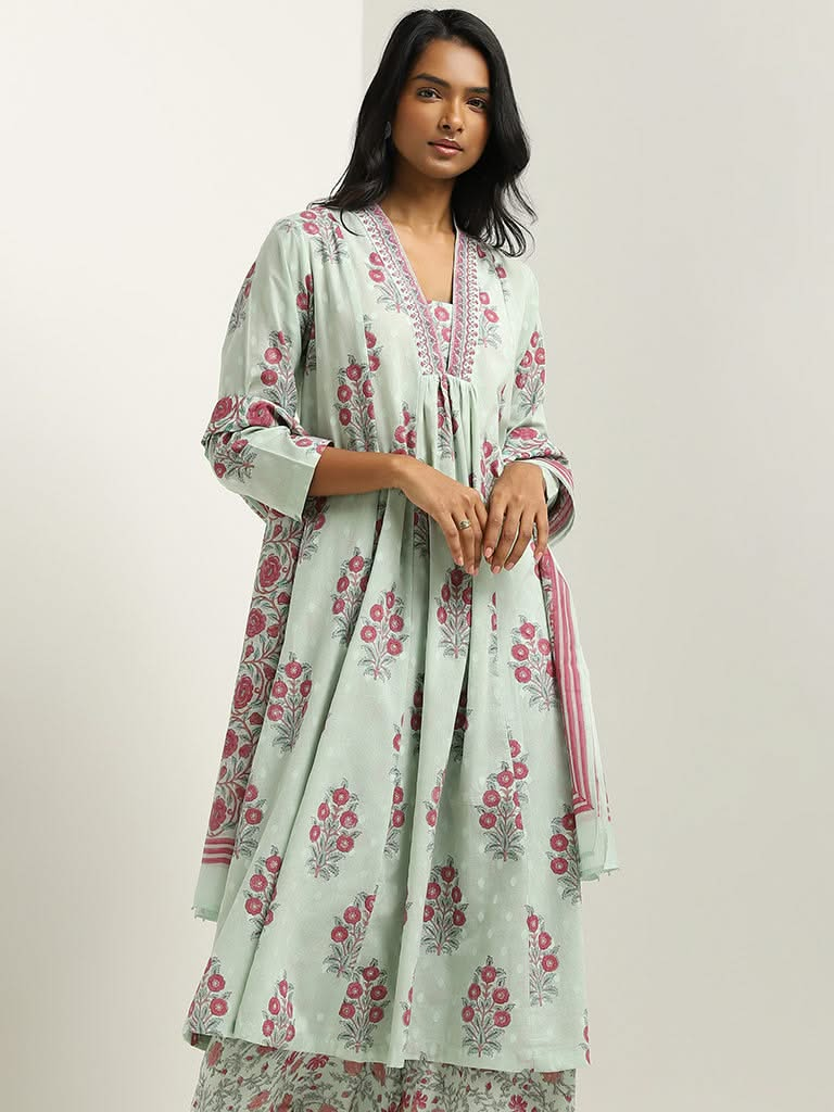 Zuba Teal Floral Printed Cotton Kurta