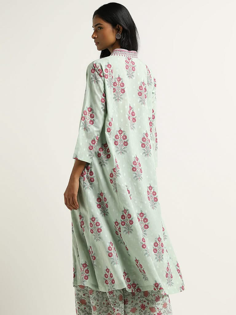 Zuba Teal Floral Printed Cotton Kurta