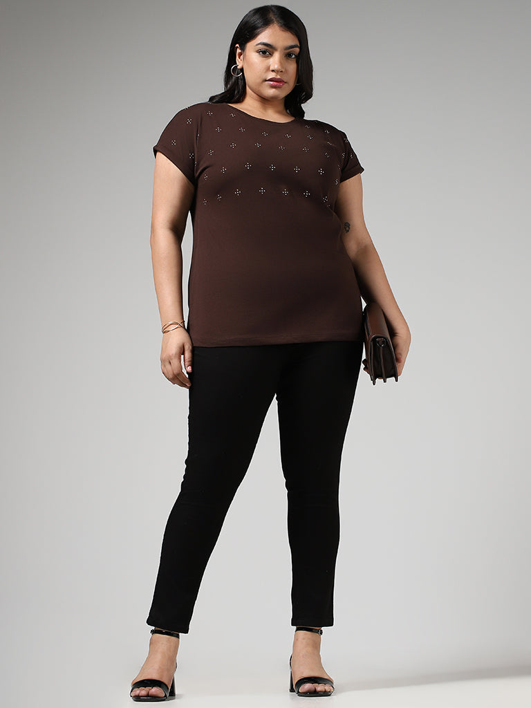 Gia Brown Embellished Cotton T-Shirt