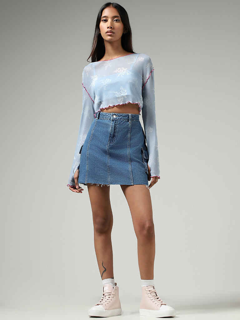 Nuon Light Blue Abstract Printed Mesh Crop Top